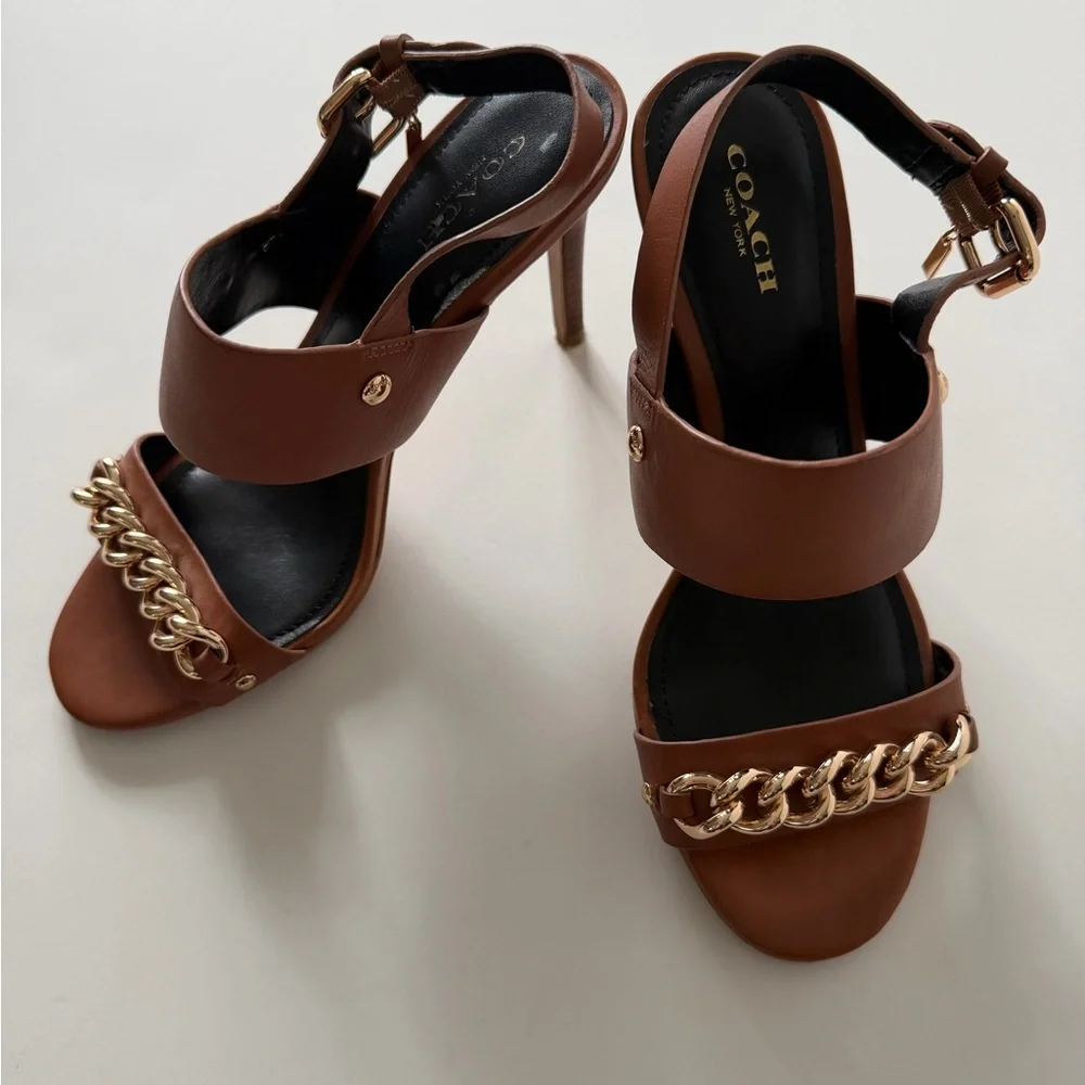 Coach Brown Sandals with Gold Chain Accent - Picture 4 of 11